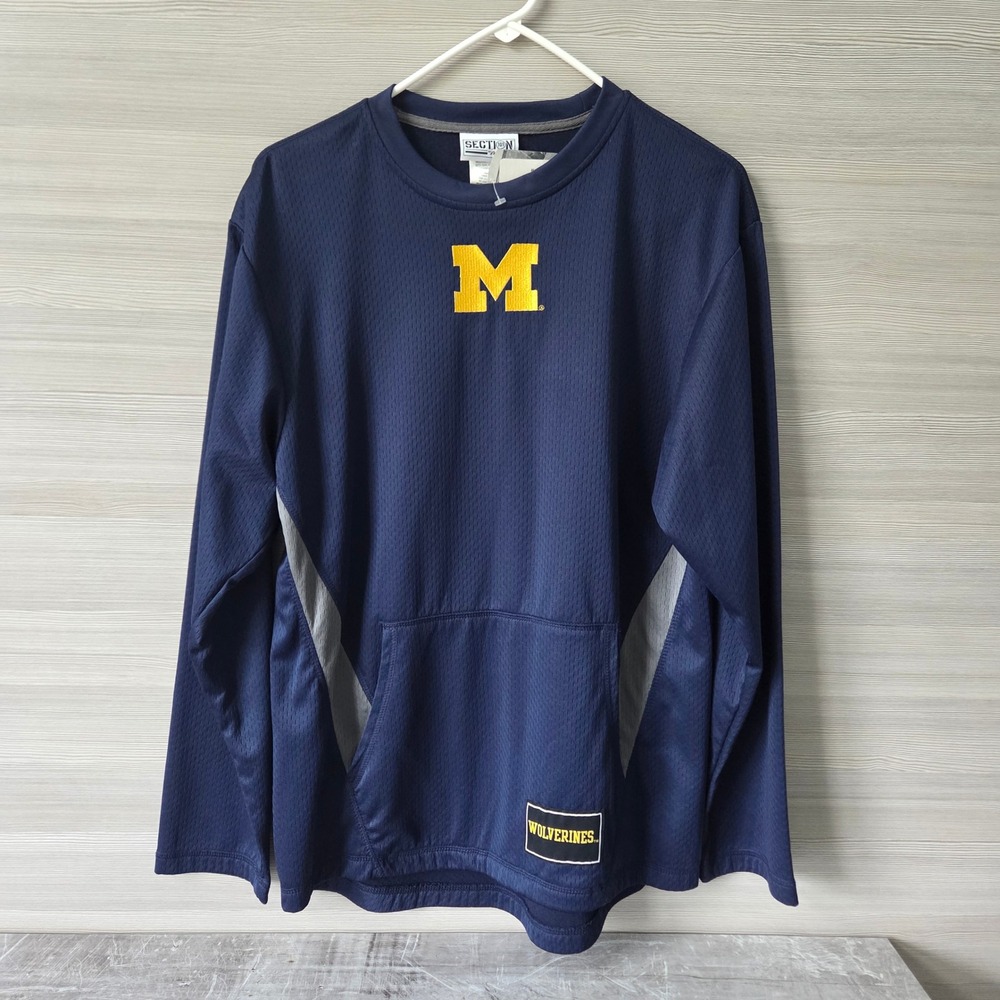 Majestic Michigan Wolverines Long Sleeve Shirt Mens S Navy Blue Mesh NCAA Top